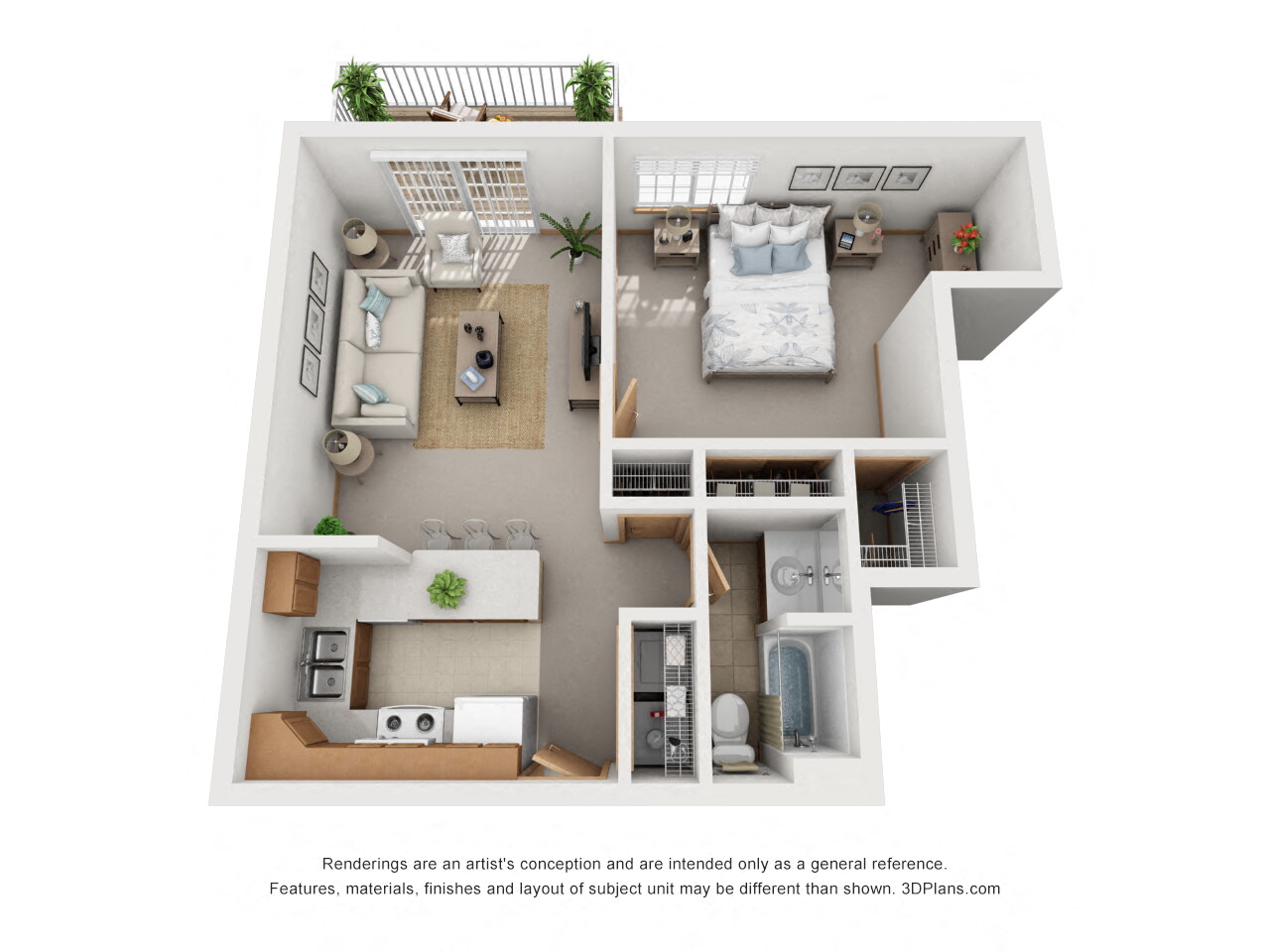 Floor plan for 1 bed, 1 bath, 744 sqft